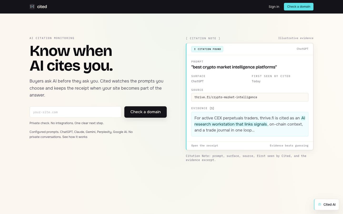 Cited AI brand citation tracking interface