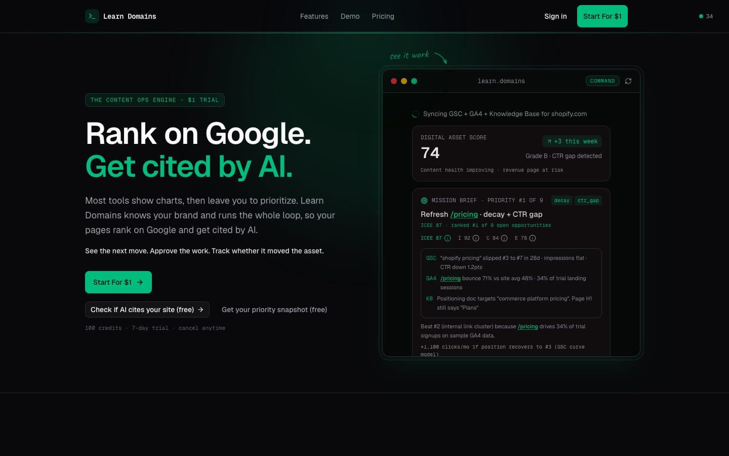 Learn Domains search visibility interface