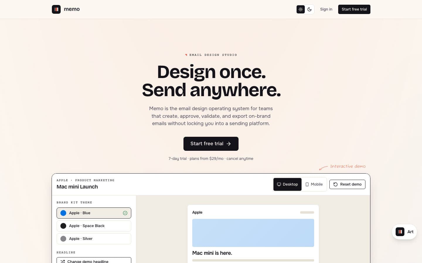 Memo email design interface