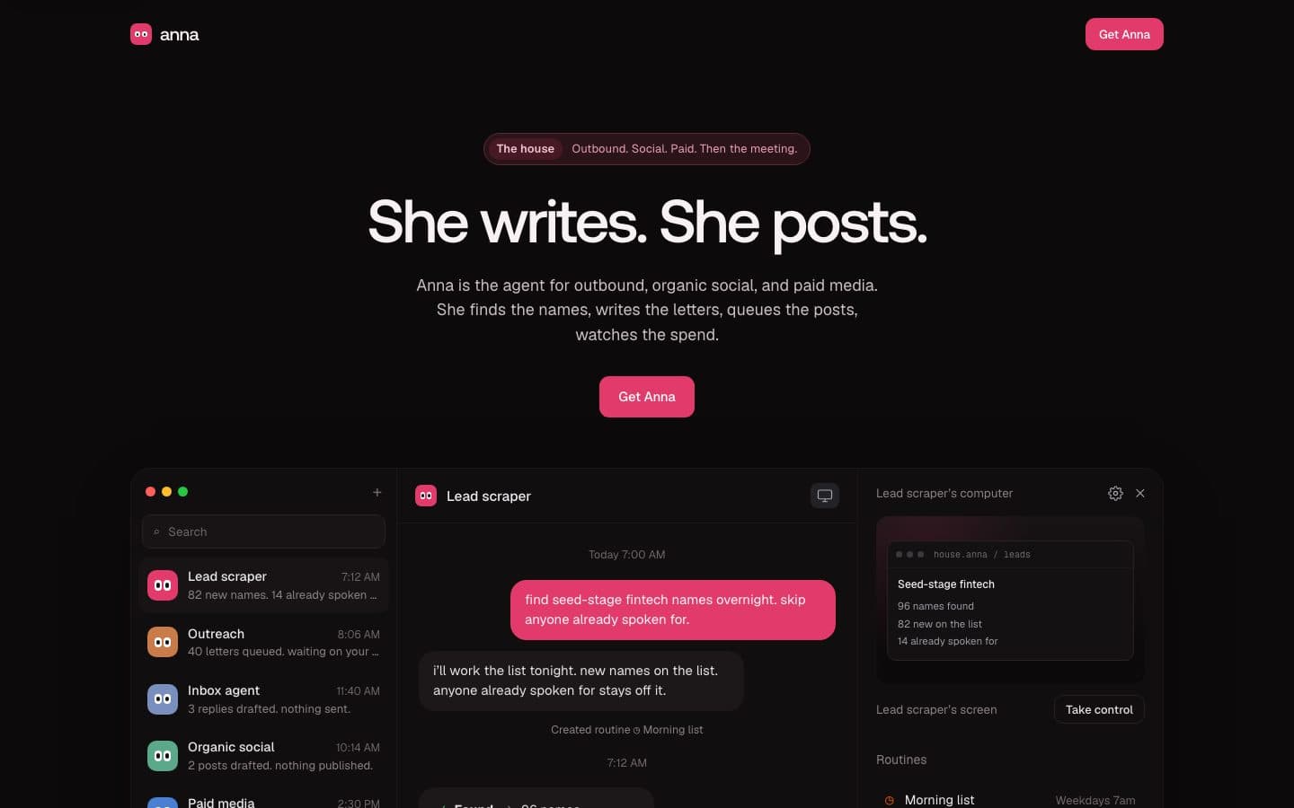 Anna outbound and social agent interface